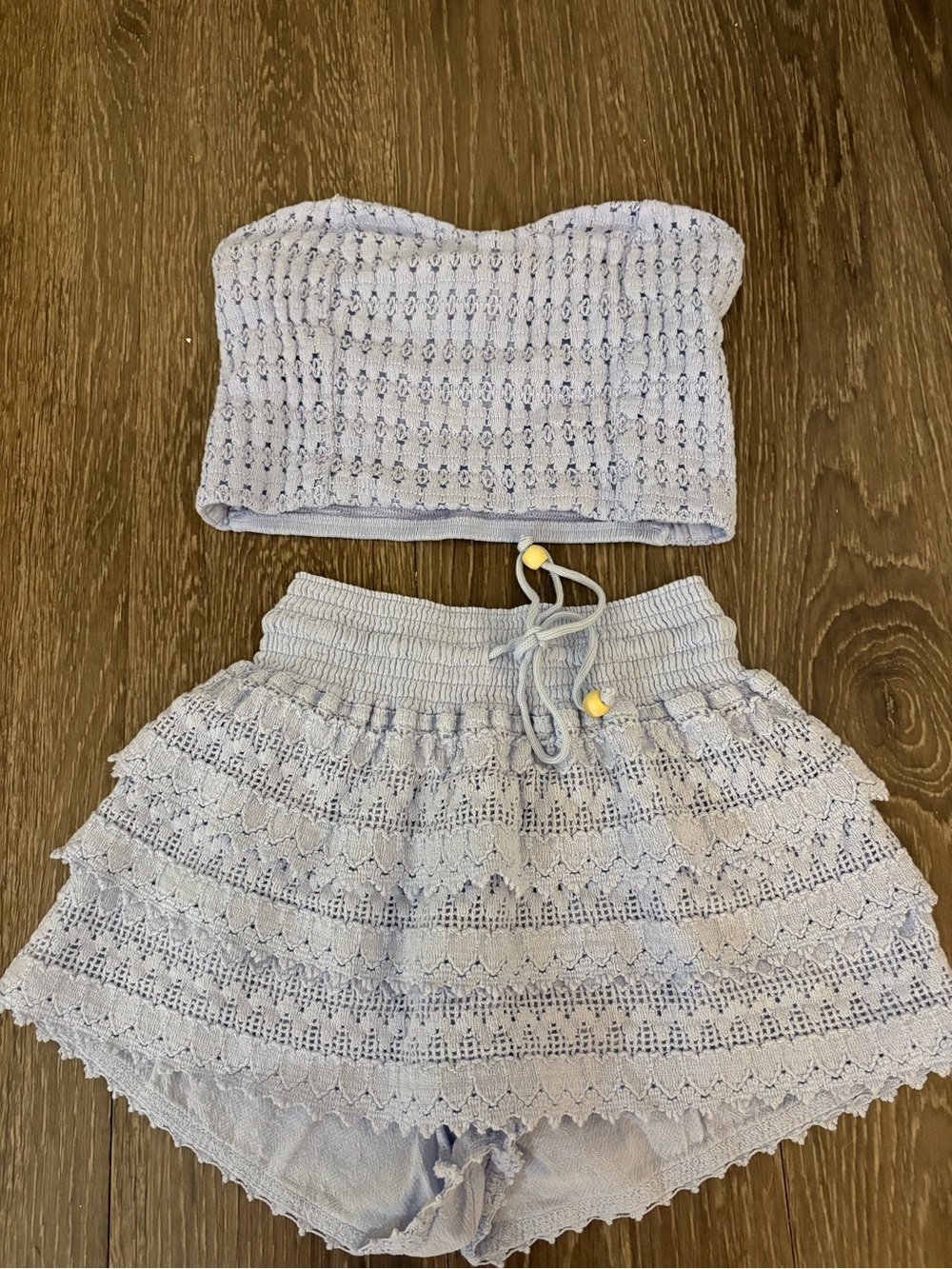Light Blue Crochet Tiered Skirt Set with Drawstring Waist